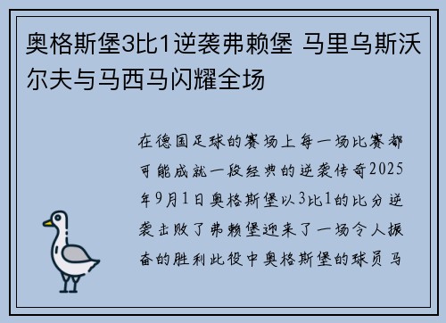 奥格斯堡3比1逆袭弗赖堡 马里乌斯沃尔夫与马西马闪耀全场